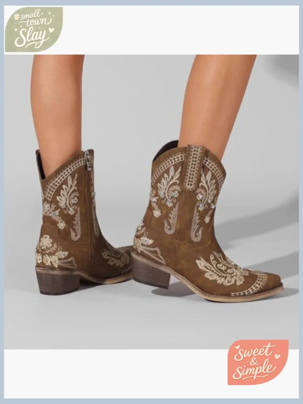Embellished Ankle Cowboy Boots for Women Chunky Heel Side Zipper Western Booties - Picture 6 of 7